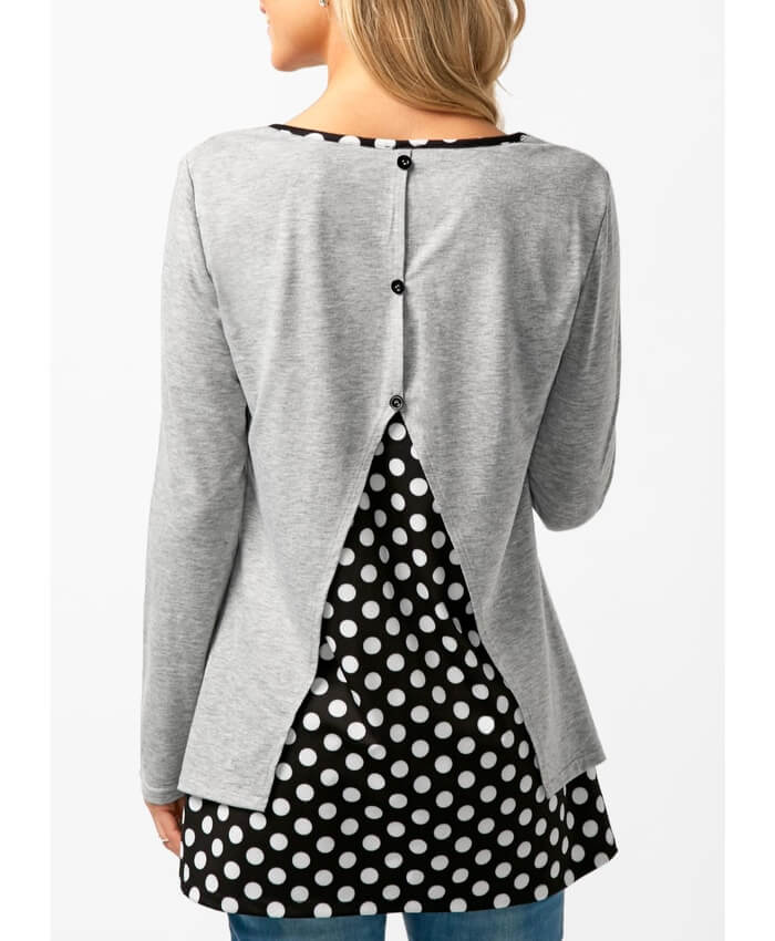 Button Back Polka Dot Print Grey T Shirt